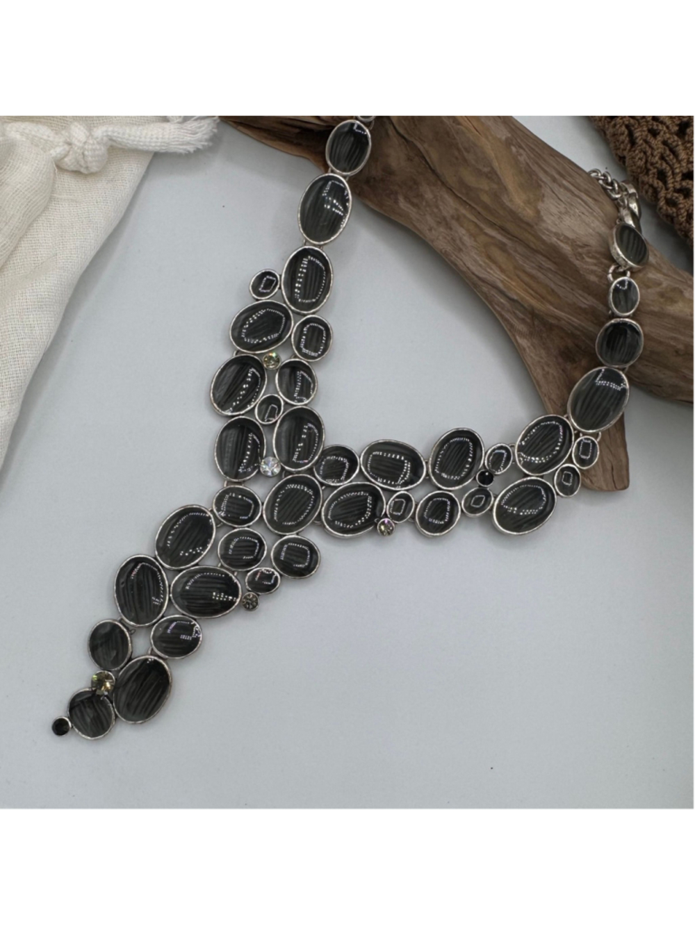 Grey Agate Inspired Striped Cabochon Statement Bib Necklace